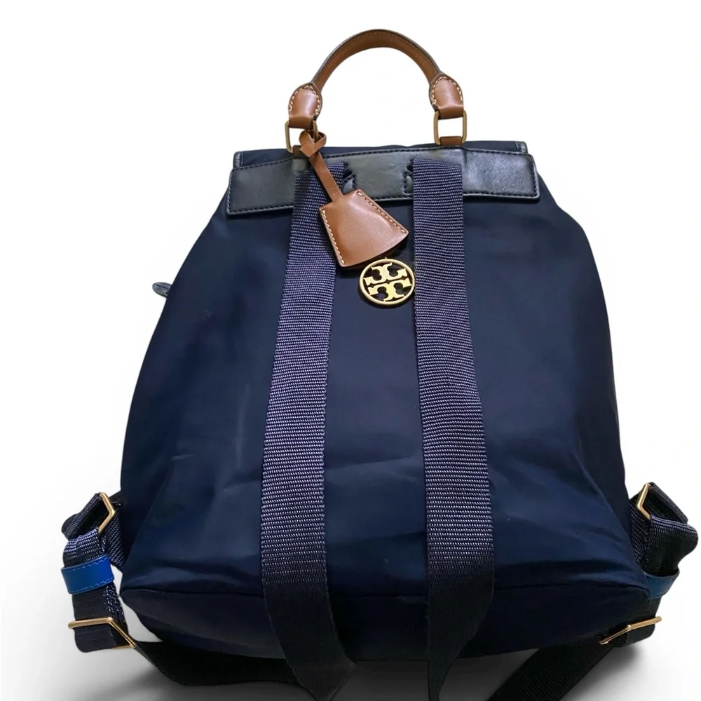 Tory Burch Navy Backpack with Tan Top Handle and Blue Trim